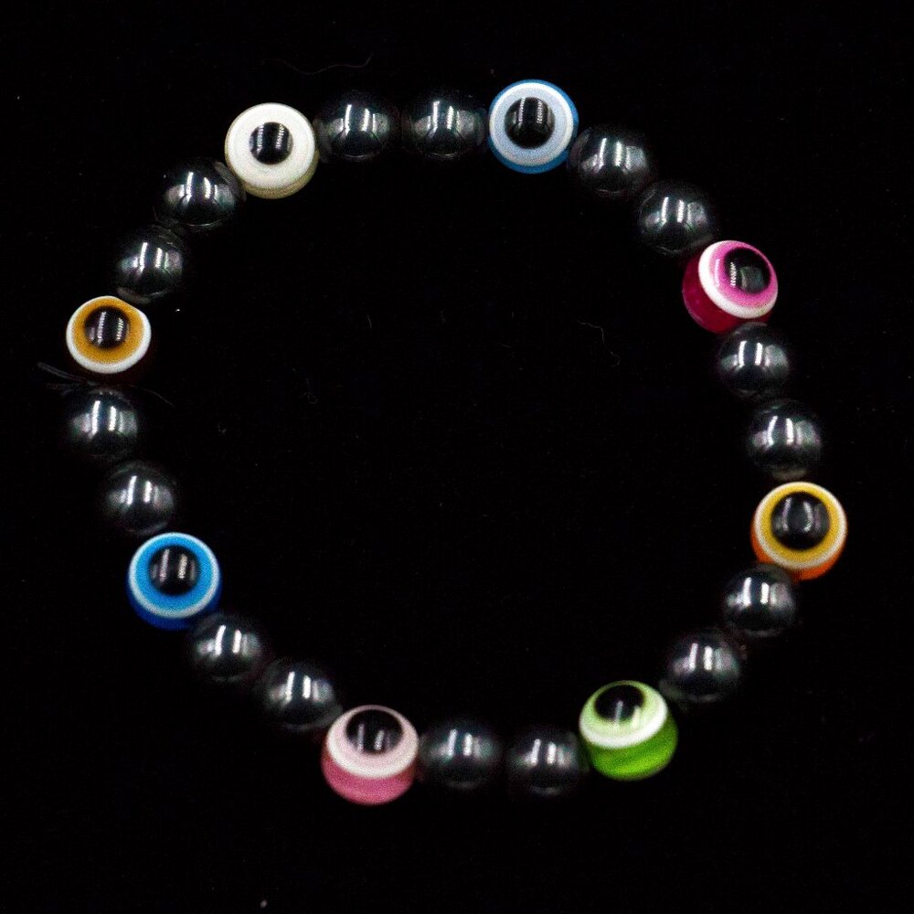 MAGNETIC HEMATITE & MULTI-COLORED EYE BEAD STRETCH BRACELET - JBBHmE1